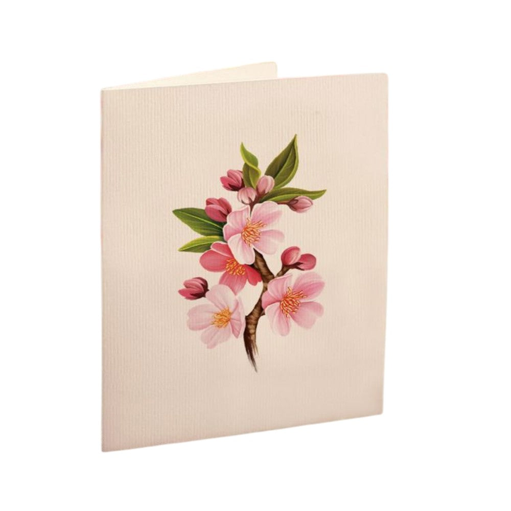 Card with pink cherry blossoms on a beige background.