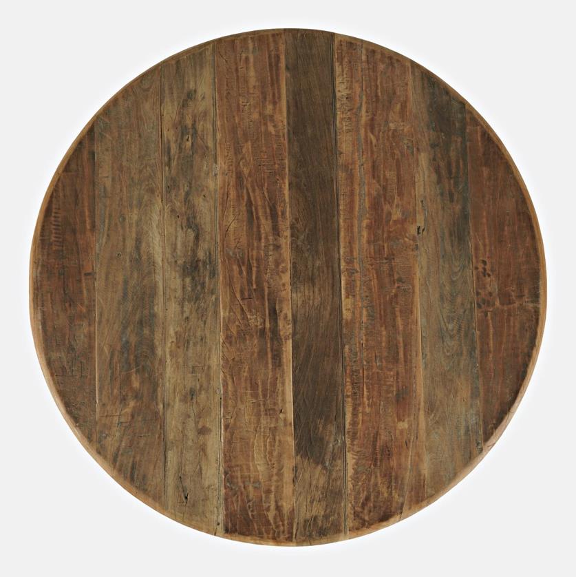 Round rustic wooden tabletop with natural grain patterns.