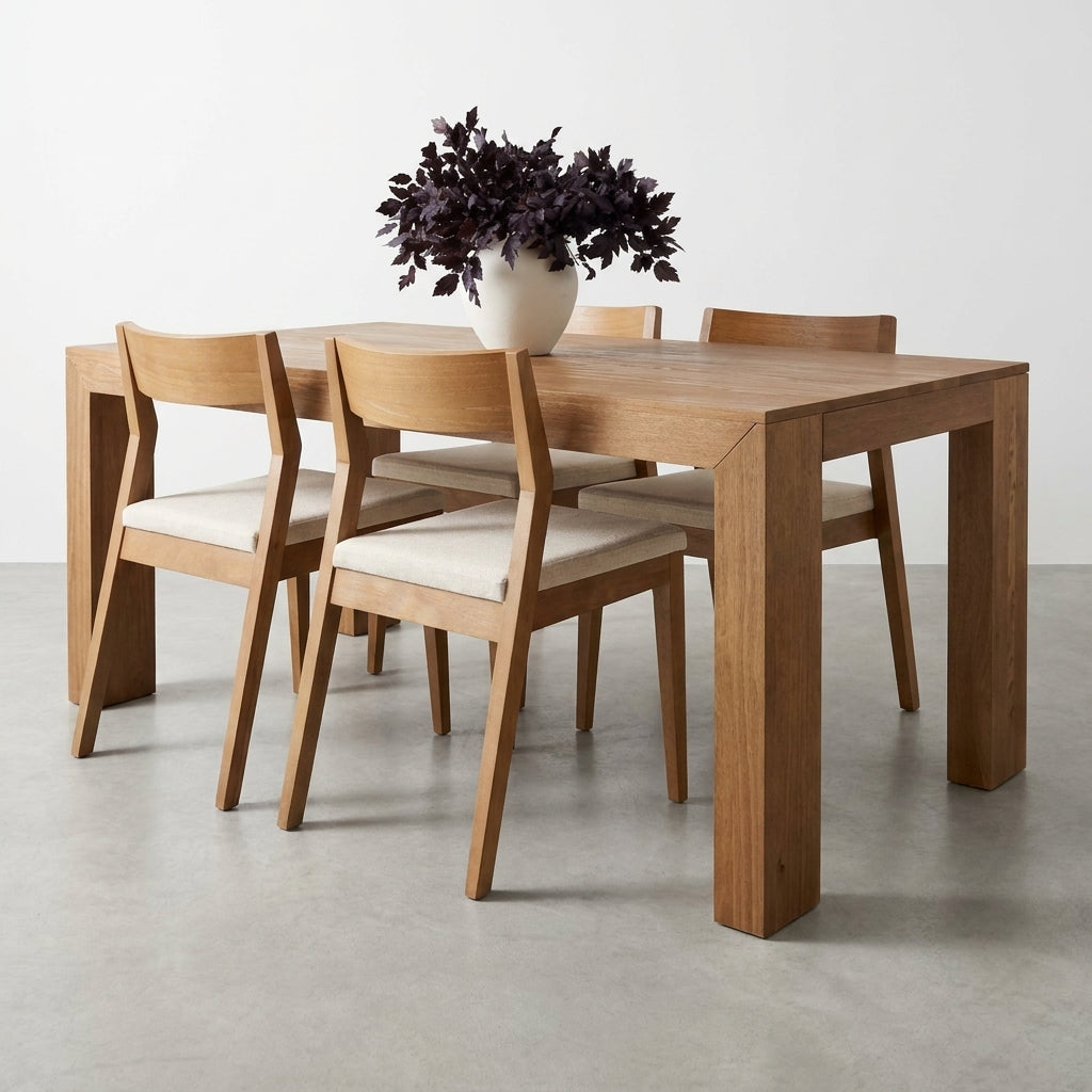 Wooden dining table with chairs and a vase of dark leaves.