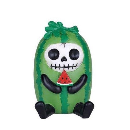 Cute skeleton in watermelon costume holding a slice of watermelon.