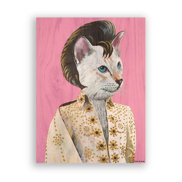Cat dressed as a retro icon with pink background.
