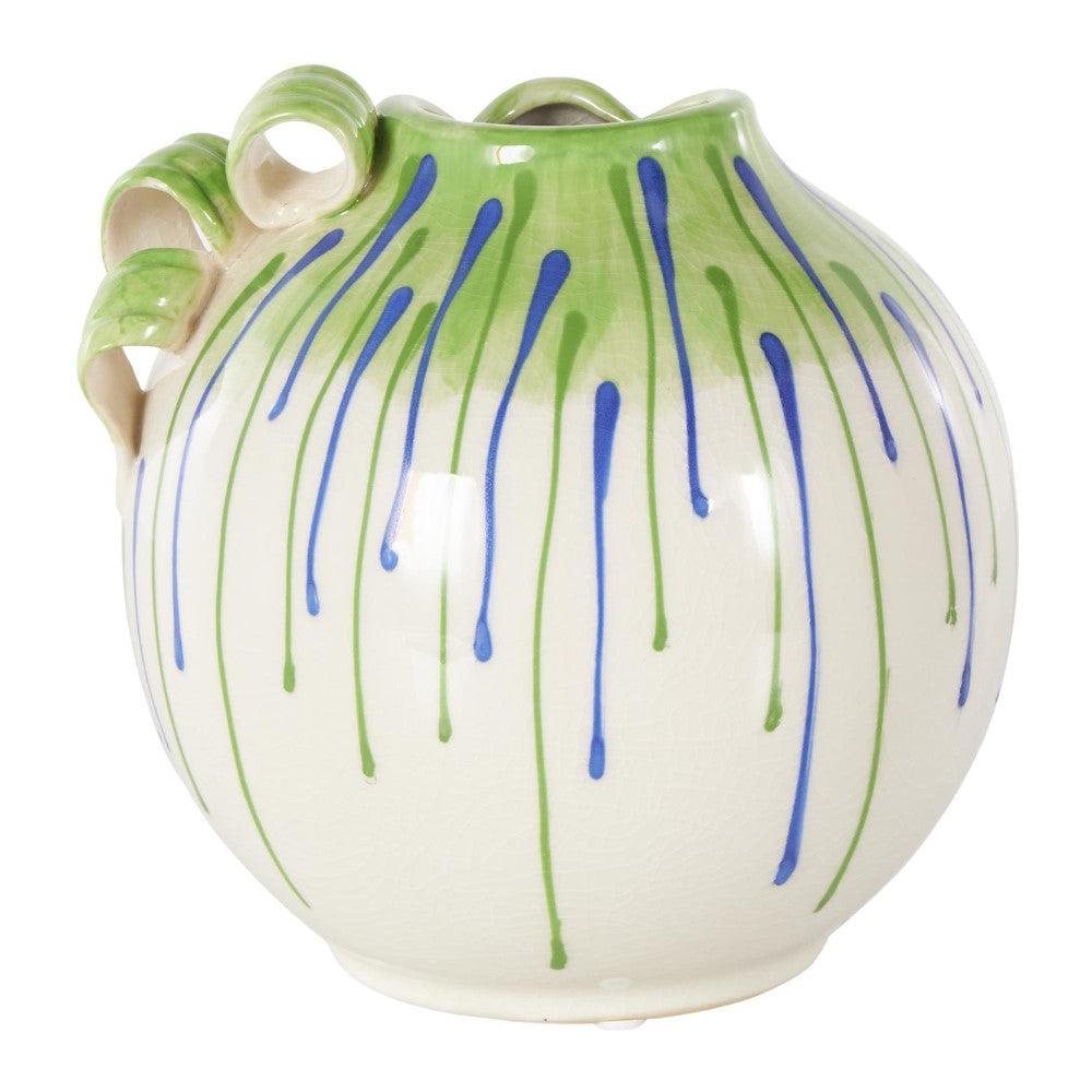 Round vase with green and blue drip design and curled handle.
