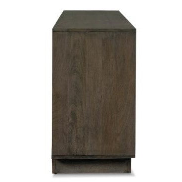 Side view of a dark wooden cabinet on a light background.