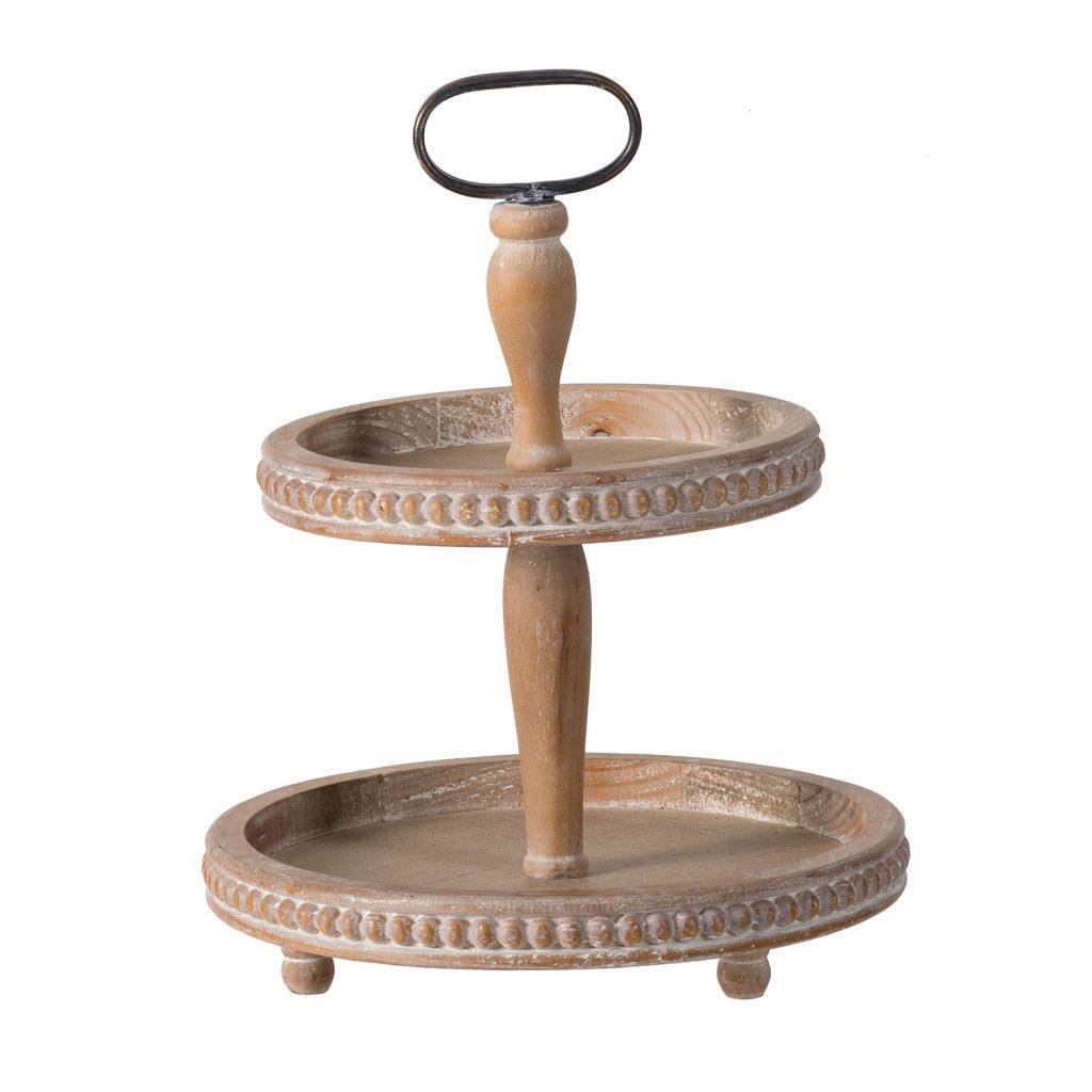 Two-tiered wooden stand with a handle.