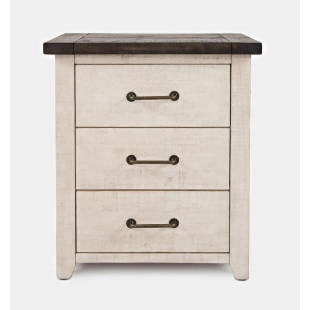 Three-drawer rustic nightstand with a dark wood top.