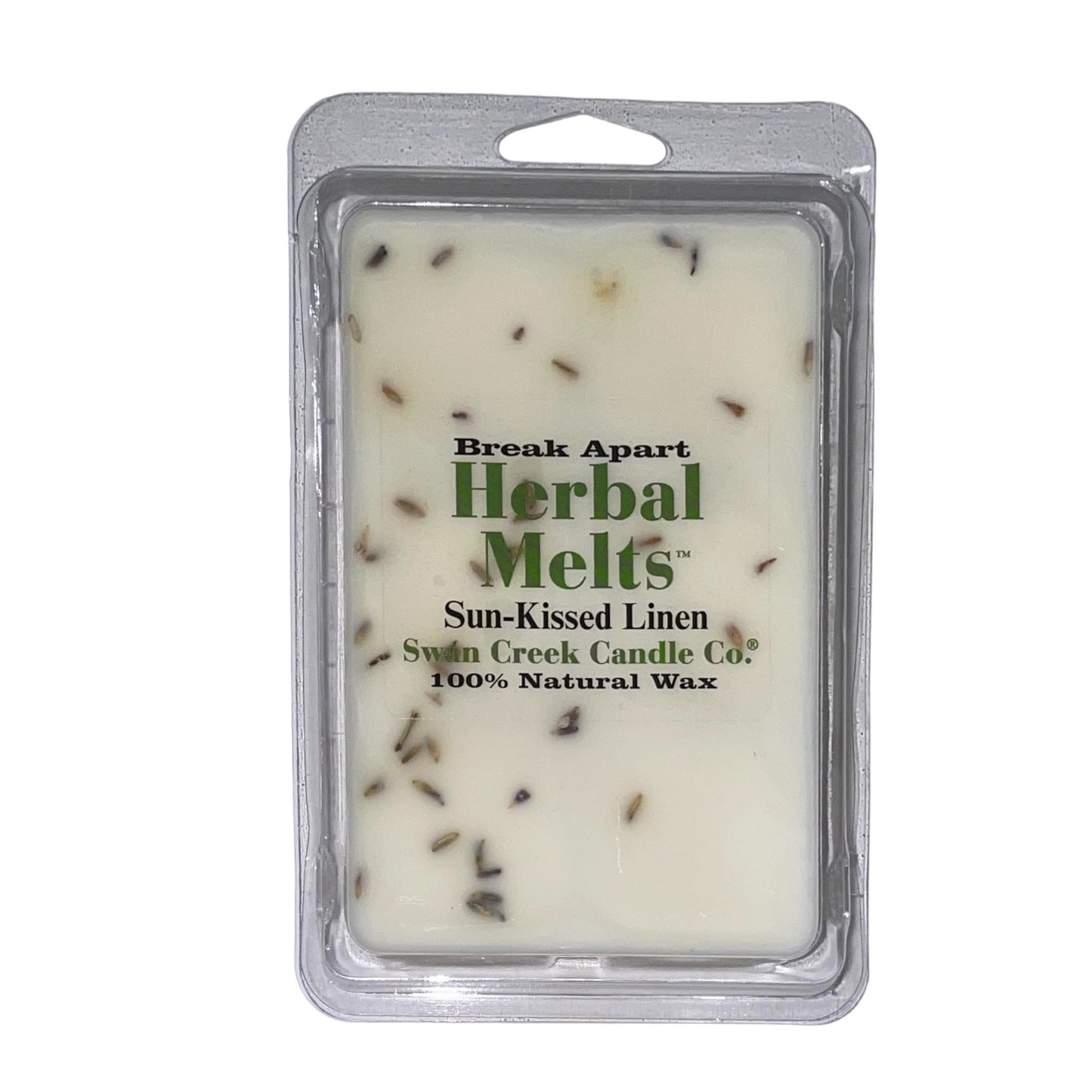 Herbal wax melts in plastic packaging with scattered herbs.