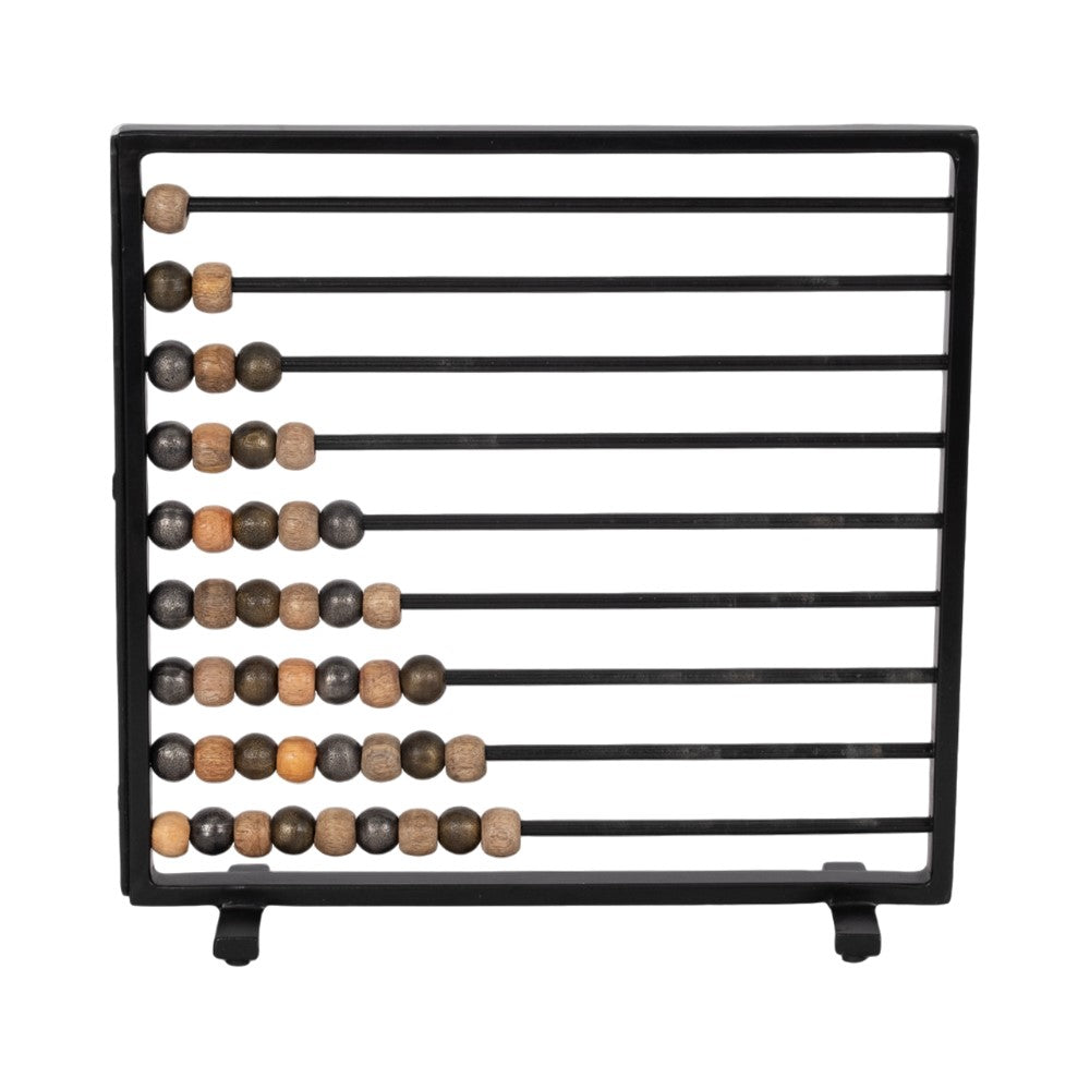 Traditional wooden abacus with black frame.