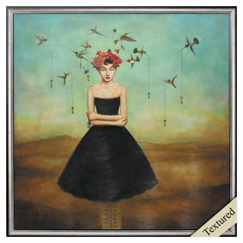 Surreal painting of a woman with birds and keys, wearing a black dress.