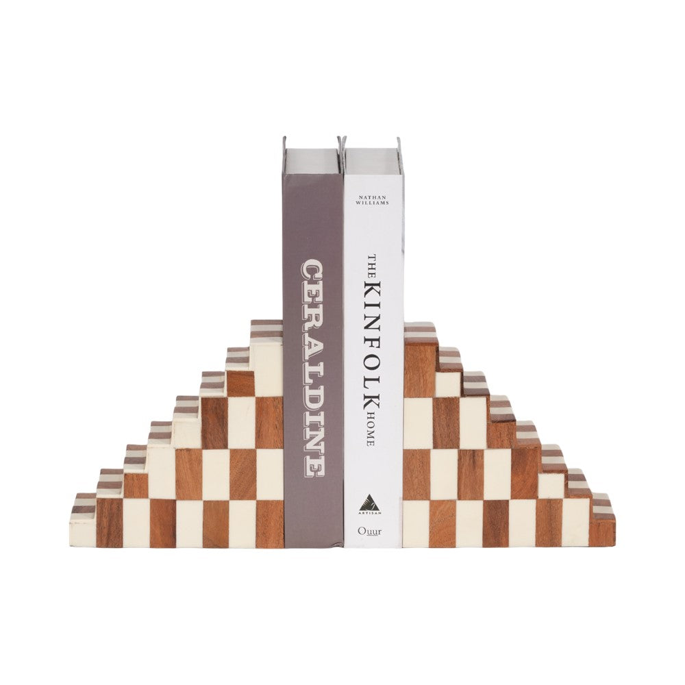 Two books supported by checkered, stepped bookends.