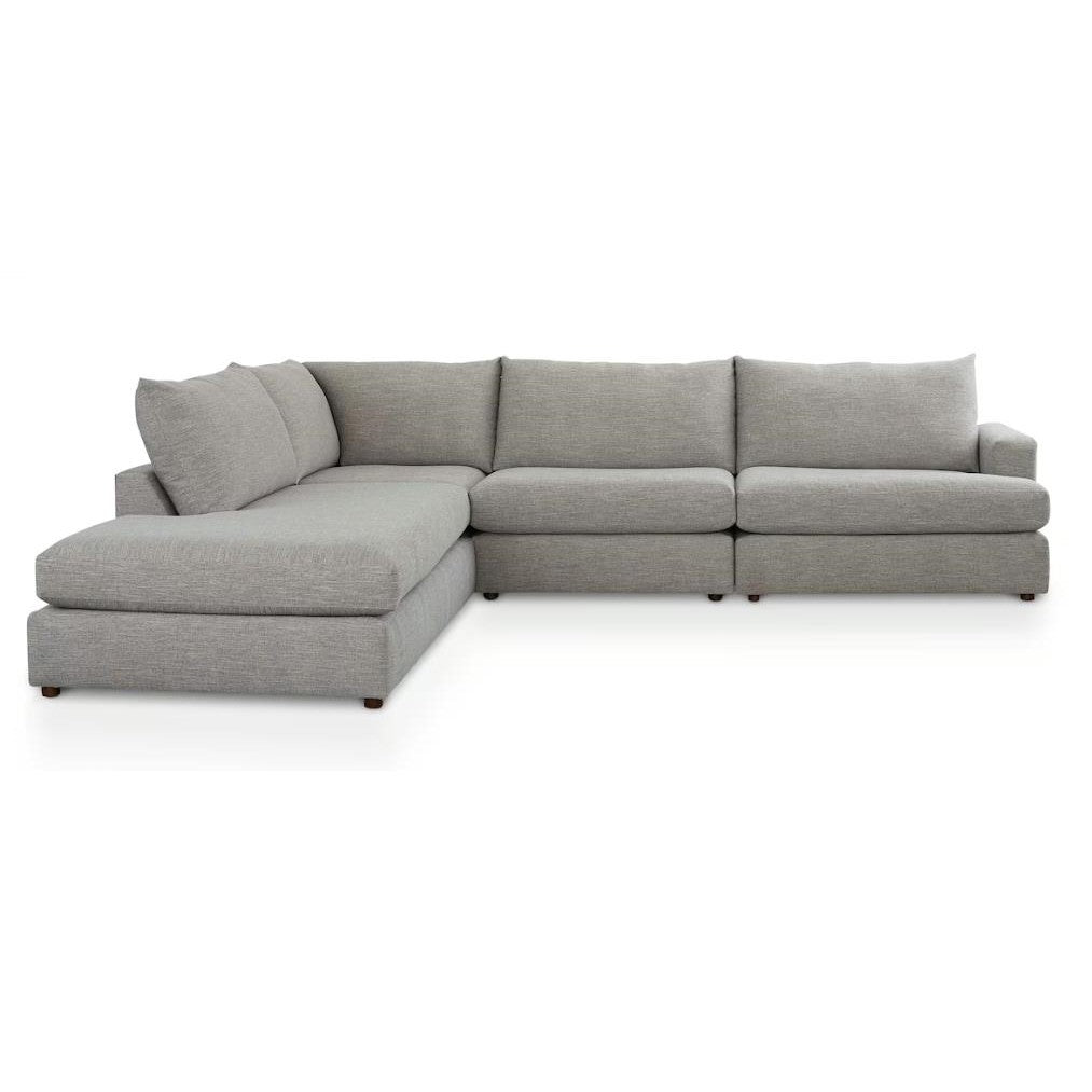 Gray L-shaped sectional sofa with plush cushions.