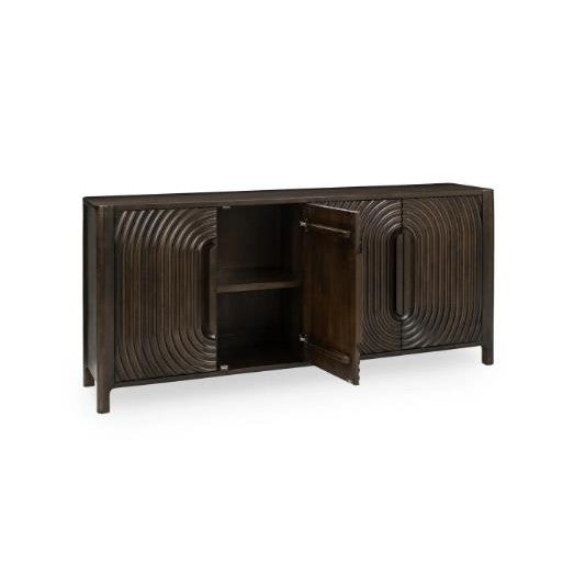 Dark wooden sideboard with decorative details and rectangular shape.
