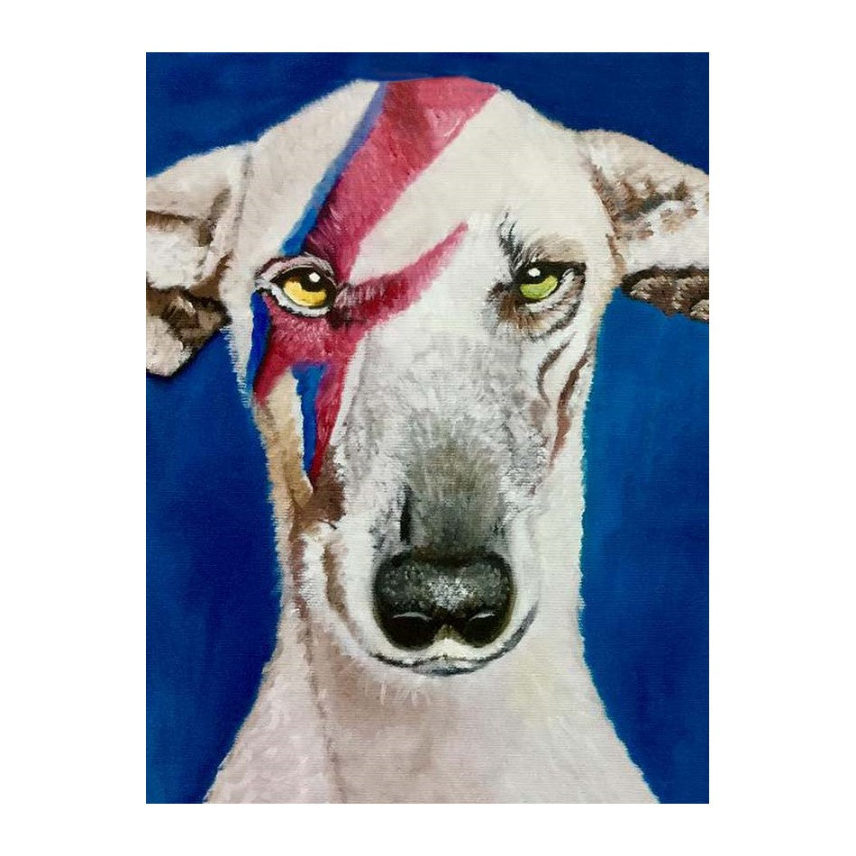 Dog portrait with colorful zigzag face paint.