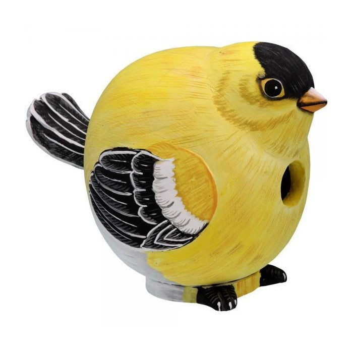 Yellow bird-shaped ceramic birdhouse with a round body.