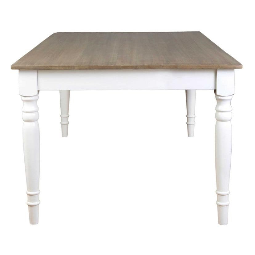 Wooden table with white legs and a natural finish top.
