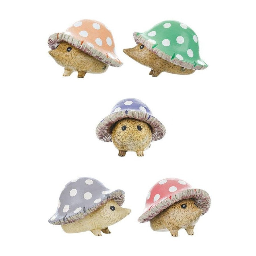 Cute hedgehog figurines with polka dot mushroom hats.