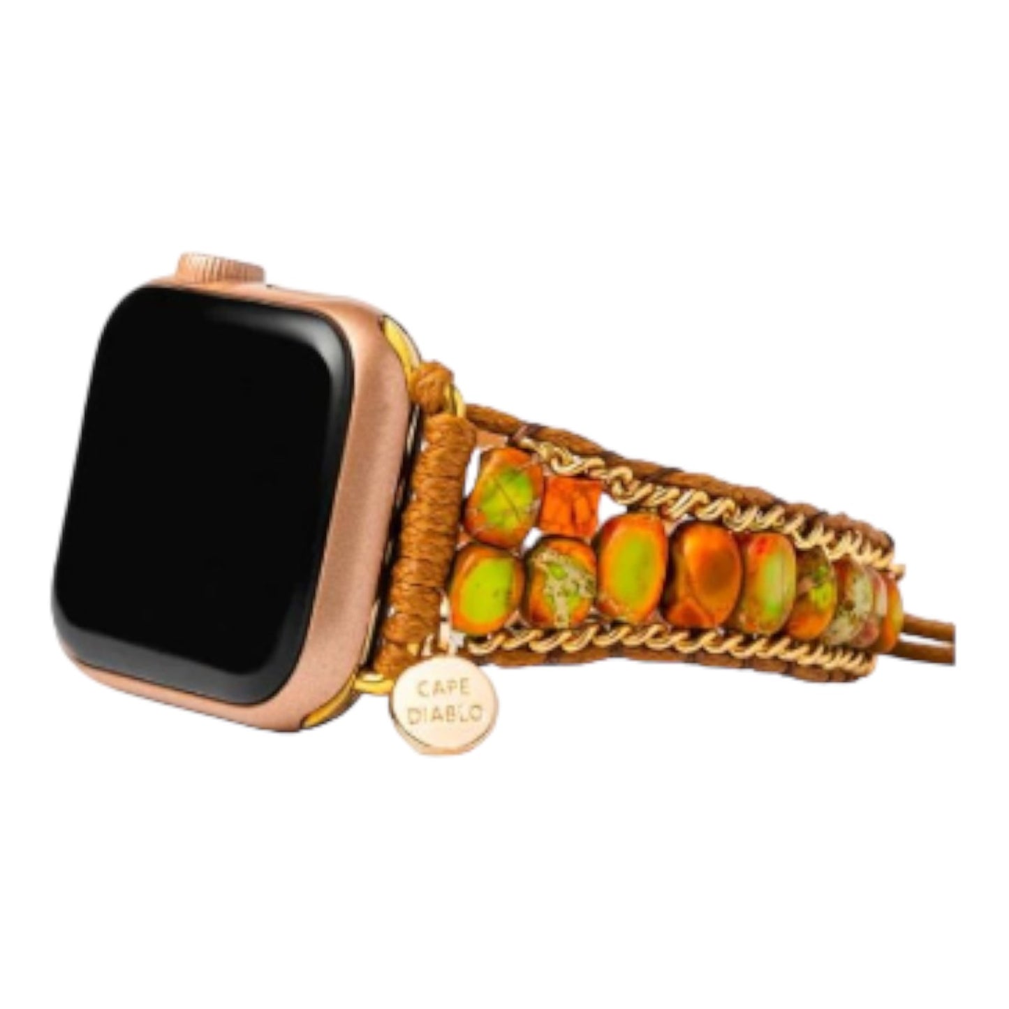 Smartwatch with beaded, artisan-style band and rose gold frame.