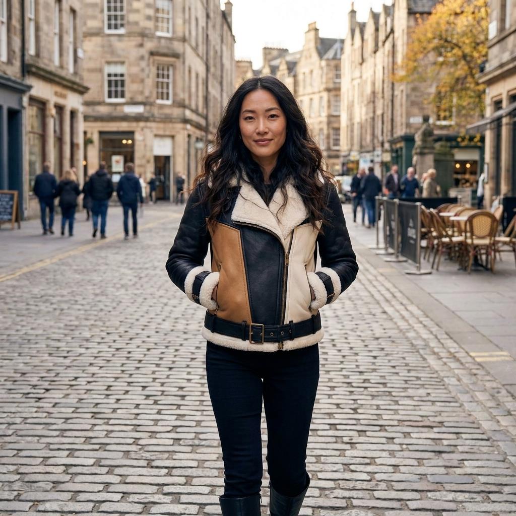 A woman in a shearling jacket stands on a cobblestone street lined with historic buildings.