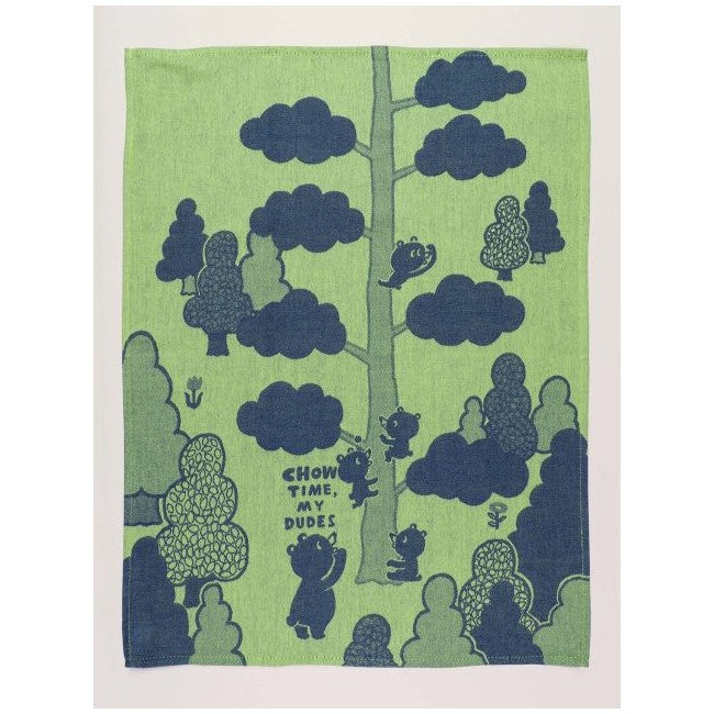 Cartoon bears in a forest with a big tree, saying "Chow time, my dudes."