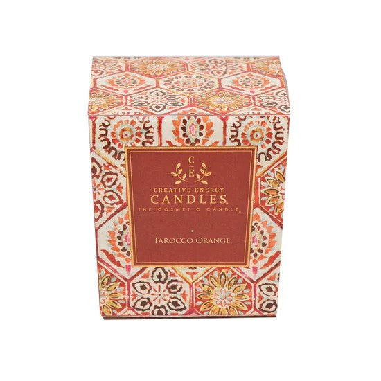 Colorful candle box labeled "Tarocco Orange."
