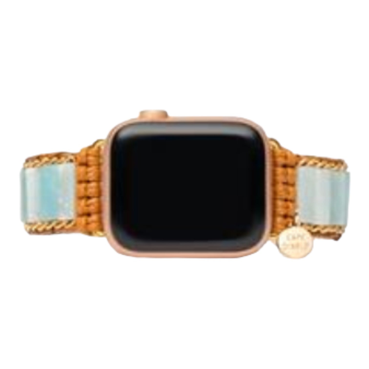 Smartwatch with a brown woven band and gold accents.