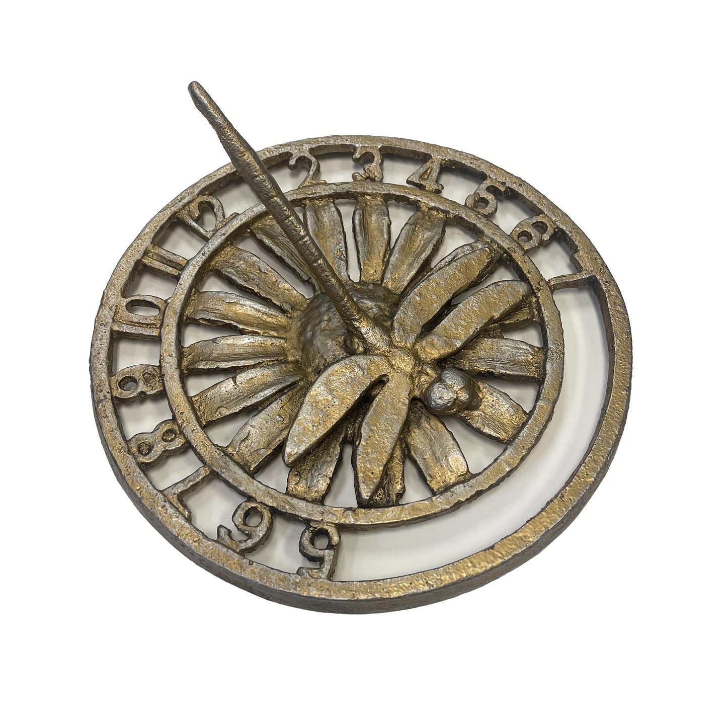 Bronze sundial clock with visible gnomon and numbers 0-9.