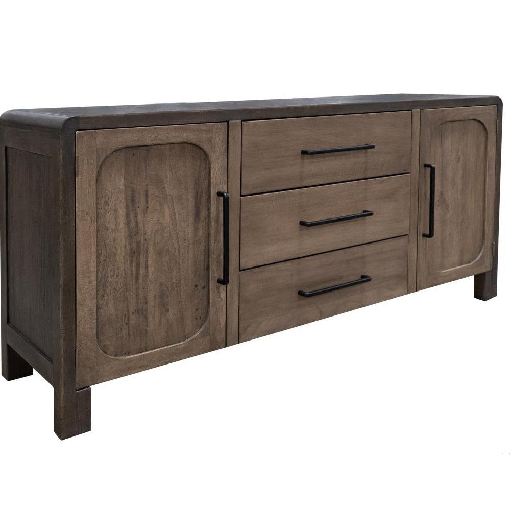 Wooden sideboard with two doors and three drawers, dark handles.