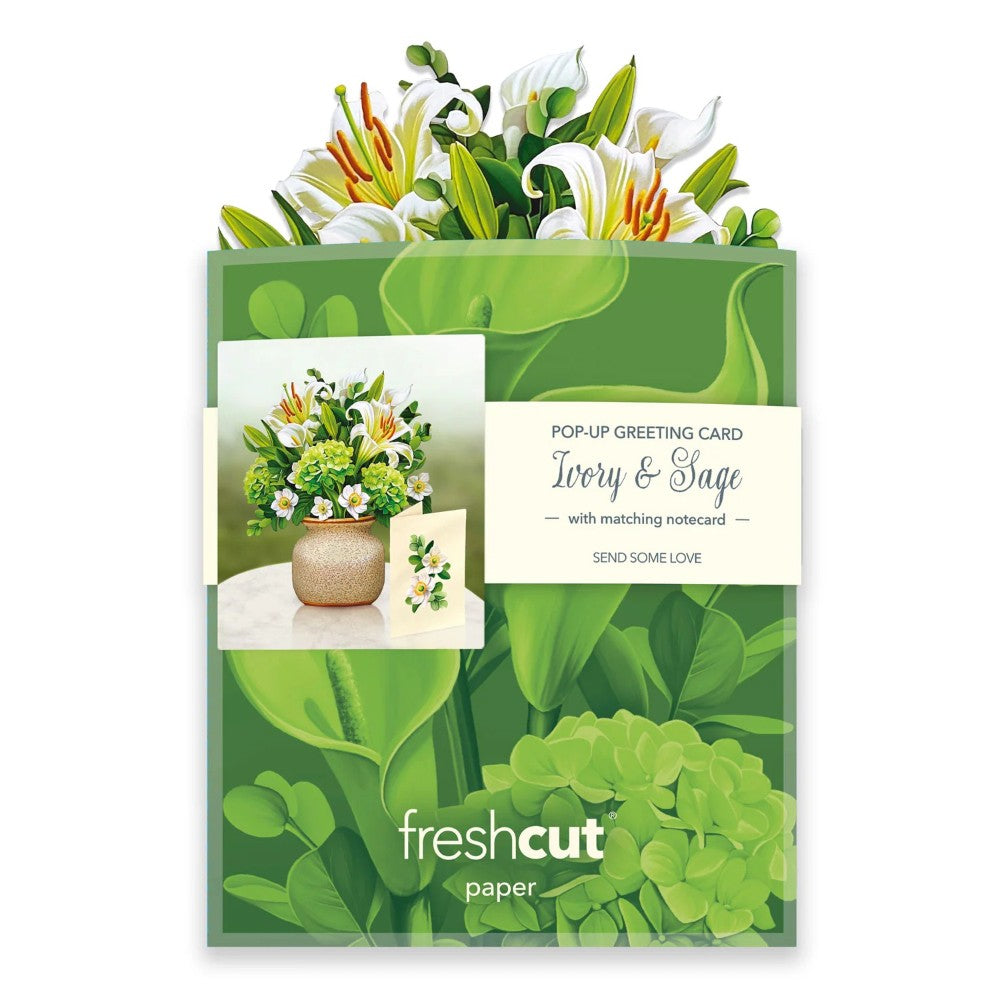 Pop-up floral greeting card labeled "Ivory & Sage" with green leaves.
