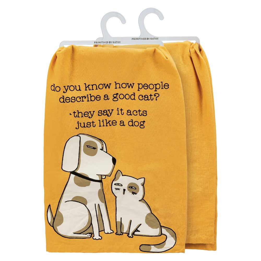 Yellow towel with dog and cat illustration, amusing text above.