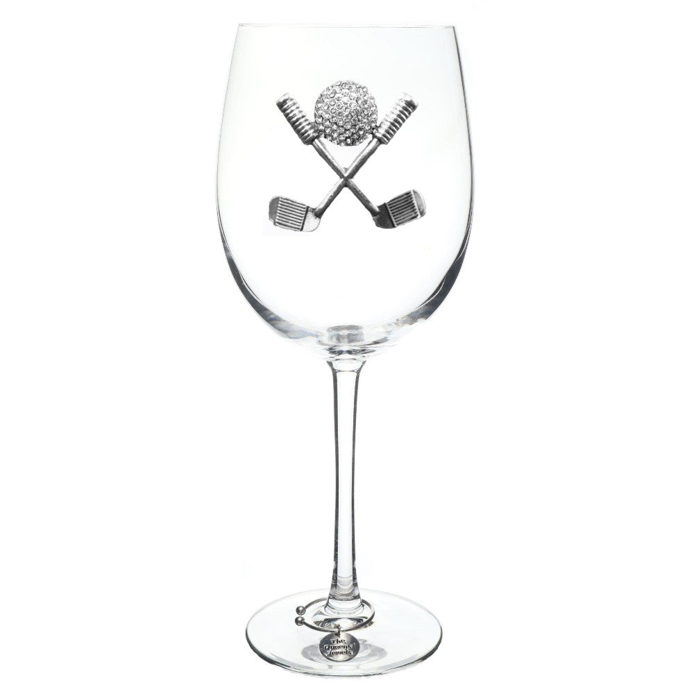 Wine glass with cross golf club design.