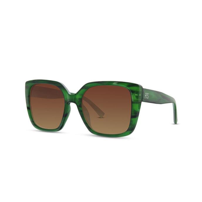 Green square sunglasses with brown lenses.