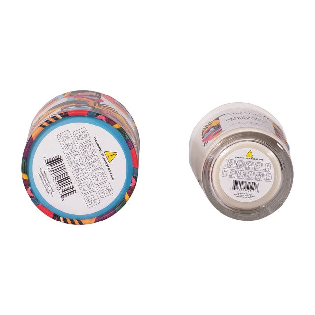 Two jars with colorful designs and safety labels on the bottom.