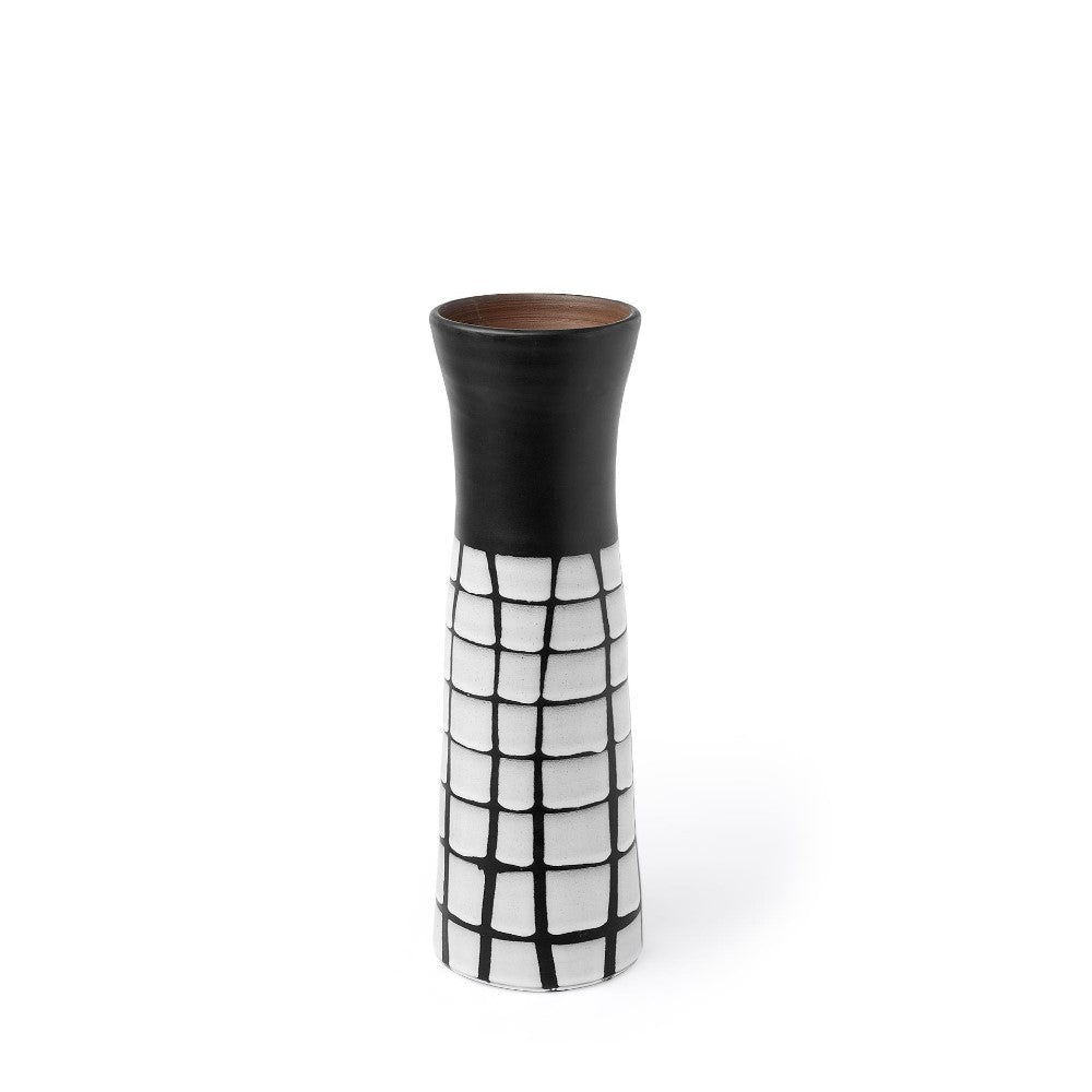 Black and white grid-patterned vase with a flared top.