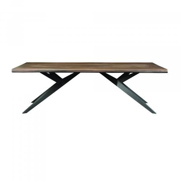 Wooden table with X-shaped metal legs, minimalist design.