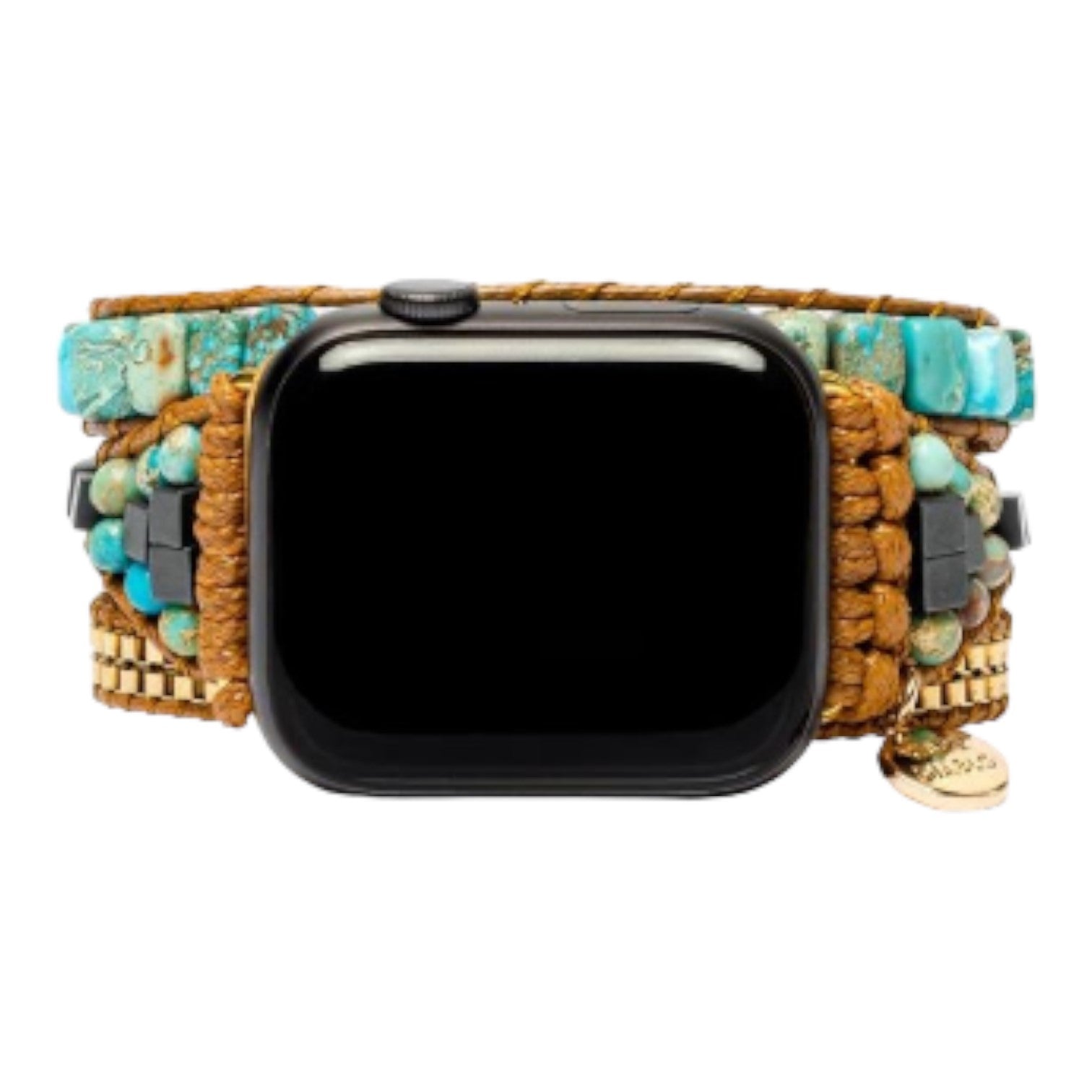 Smartwatch with a beaded, earthy-toned strap and turquoise accents.