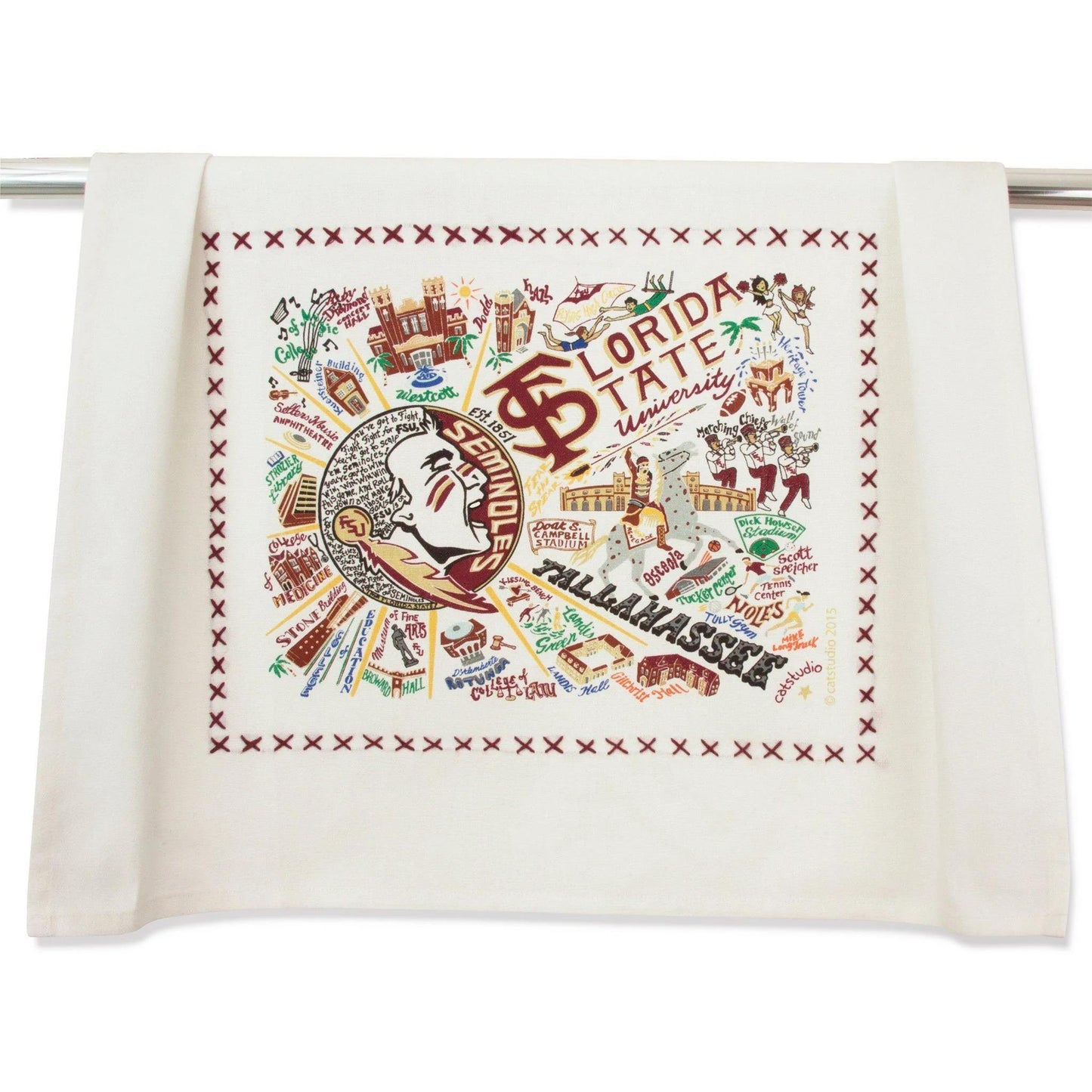 Decorative towel featuring Florida State University graphics and landmarks.