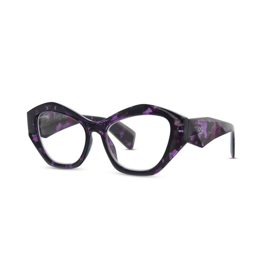 Purple, cat-eye glasses with a marbled pattern design.