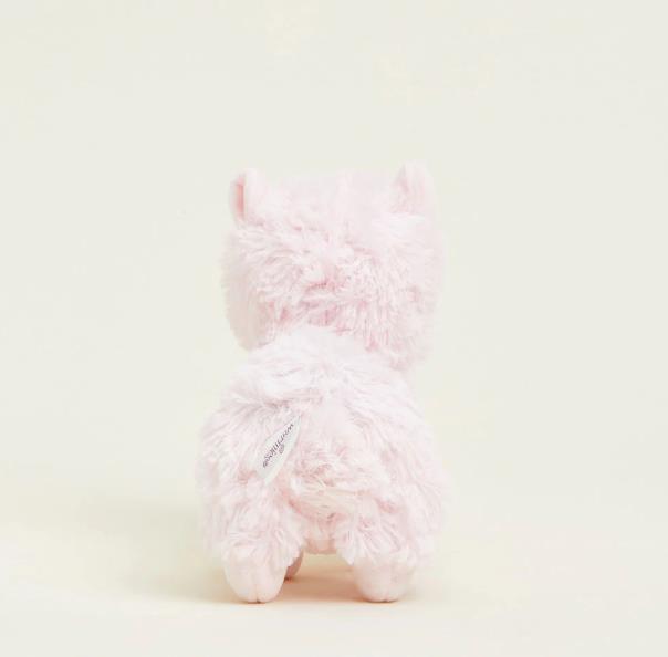 Back view of a pink fluffy alpaca stuffed toy.
