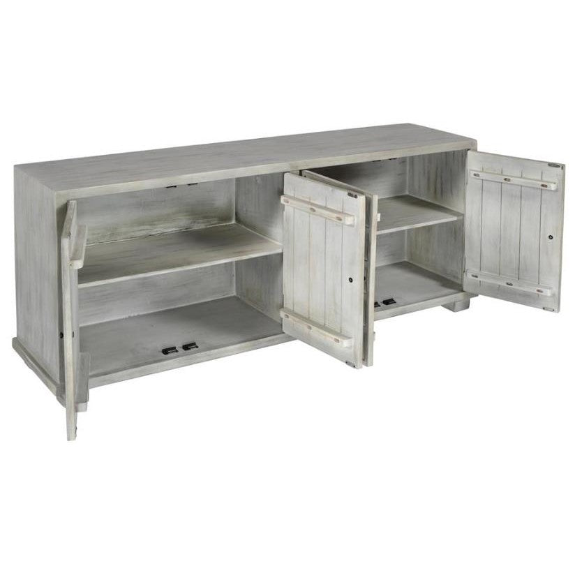 Gray wooden sideboard with open double doors and shelves.