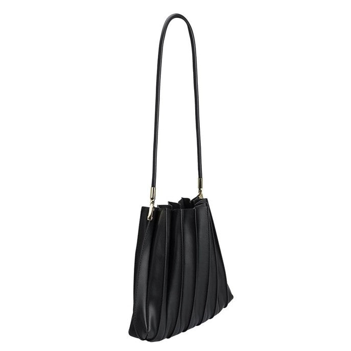 Elegant black handbag with pleated design and long strap.