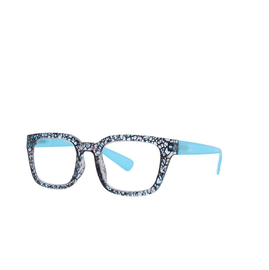Blue and black crackle-patterned eyeglasses with blue arms.