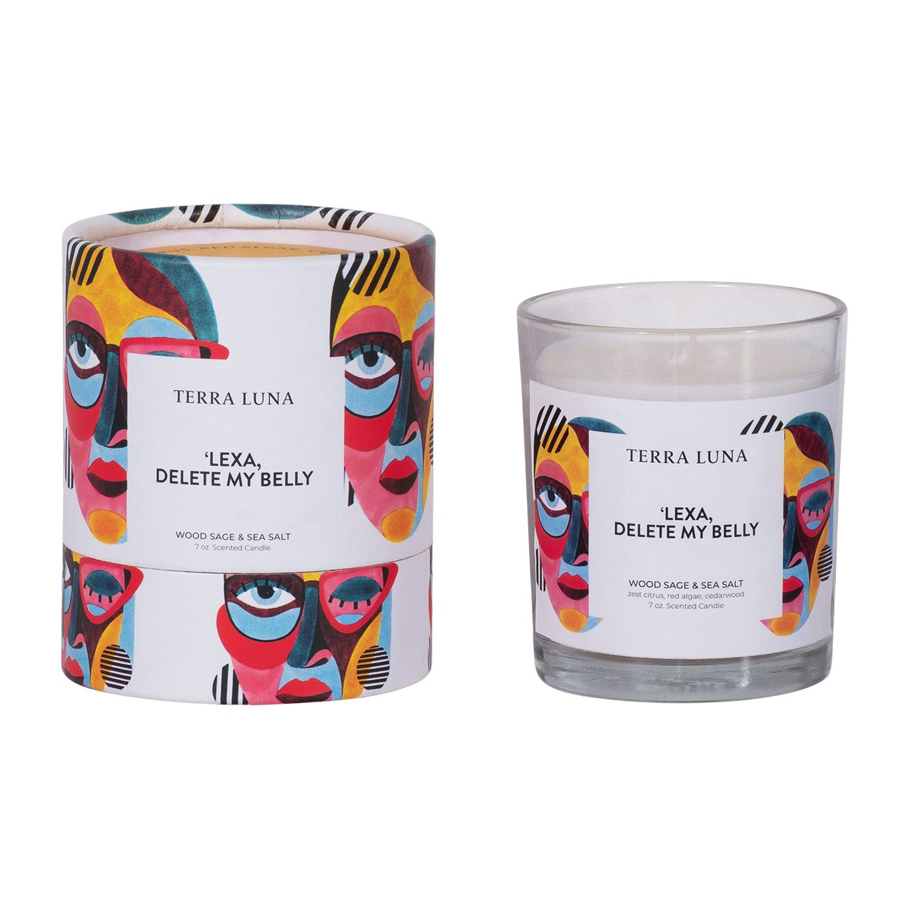 Colorful candle packaging with abstract faces and humorous text.