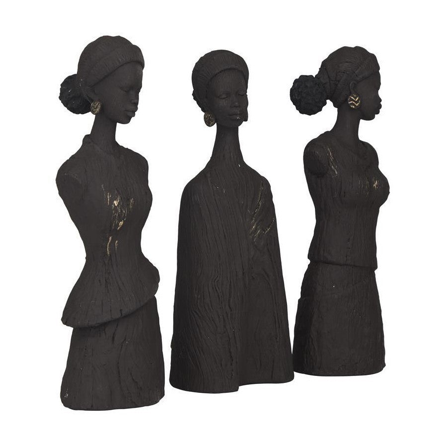Three dark wooden bust sculptures of women with earrings.