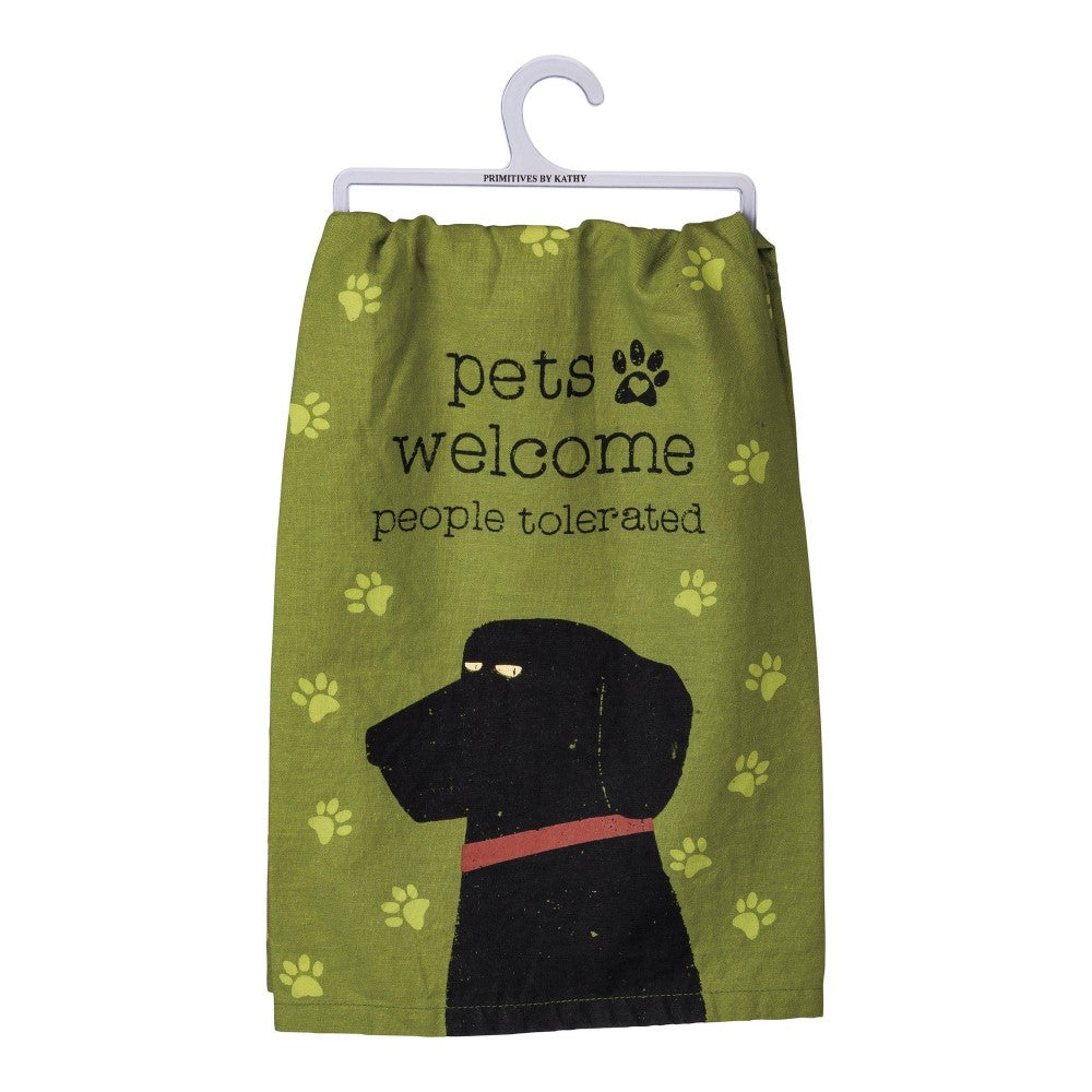 Green towel with dog drawing, "Pets welcome, people tolerated" text.