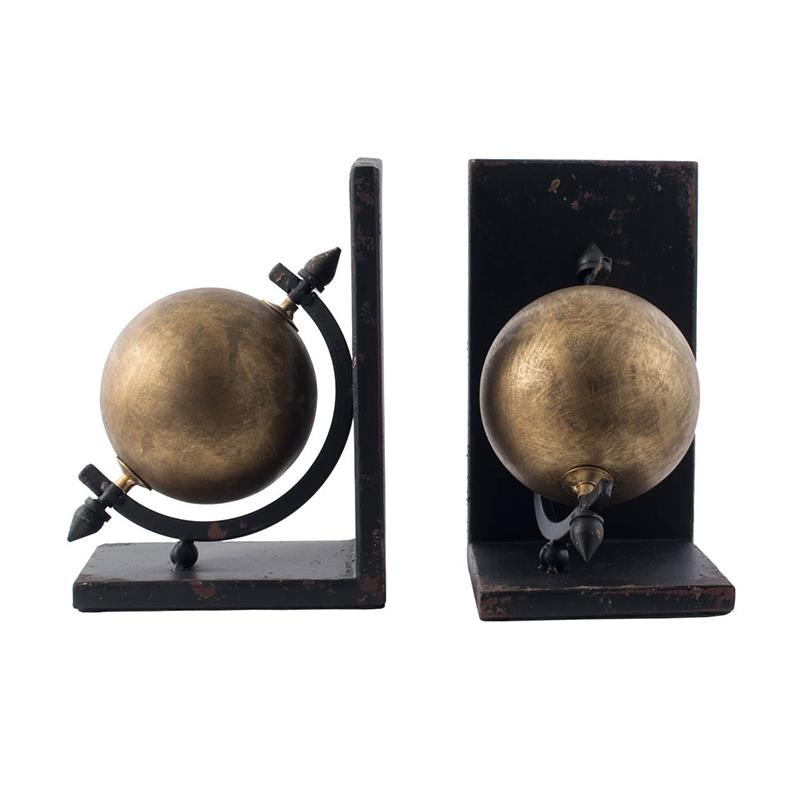 Two metallic globe bookends with earthy tones on black bases.