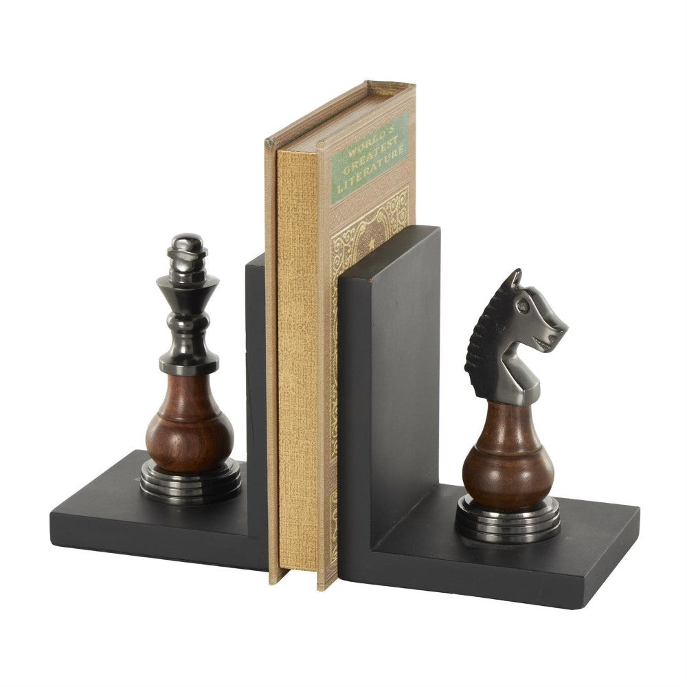 Chess piece bookends with a book in between.