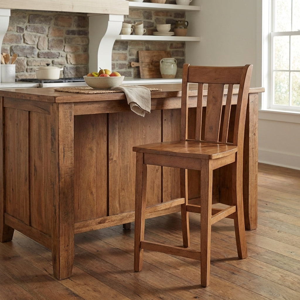 Wooden barstool with a curved slat back.