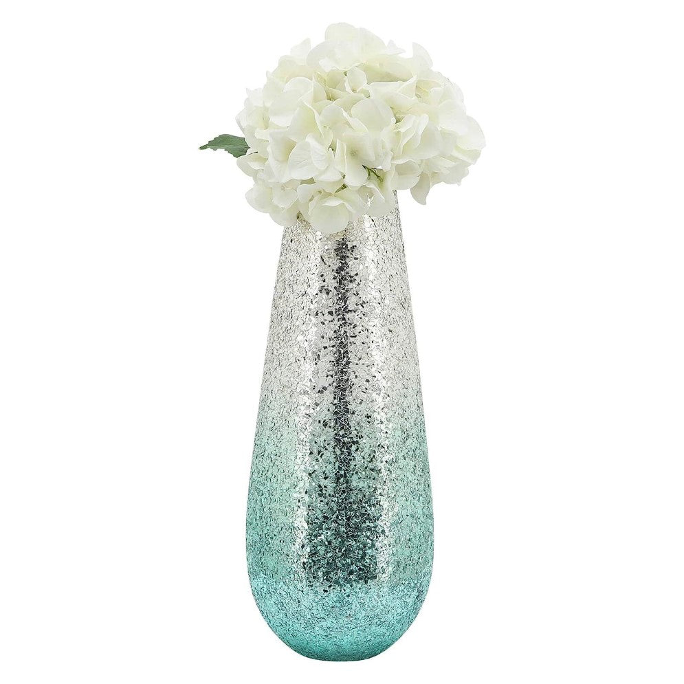 Tall vase with shimmering texture and white flowers.