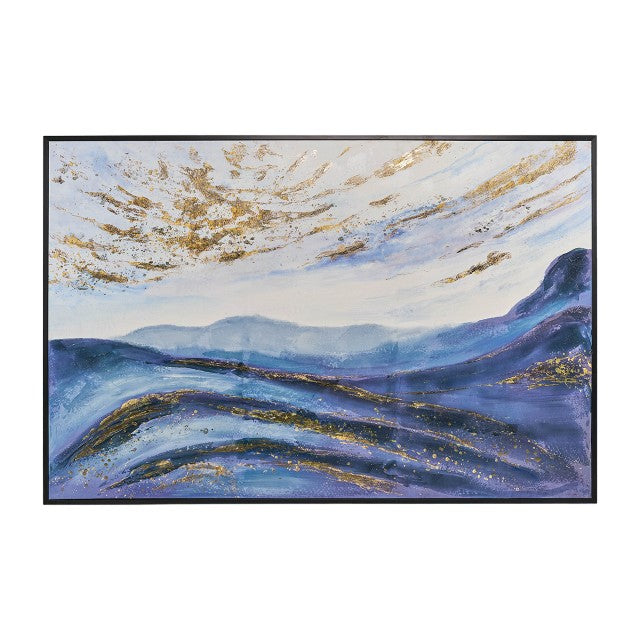 Abstract blue and gold landscape painting in a black frame.