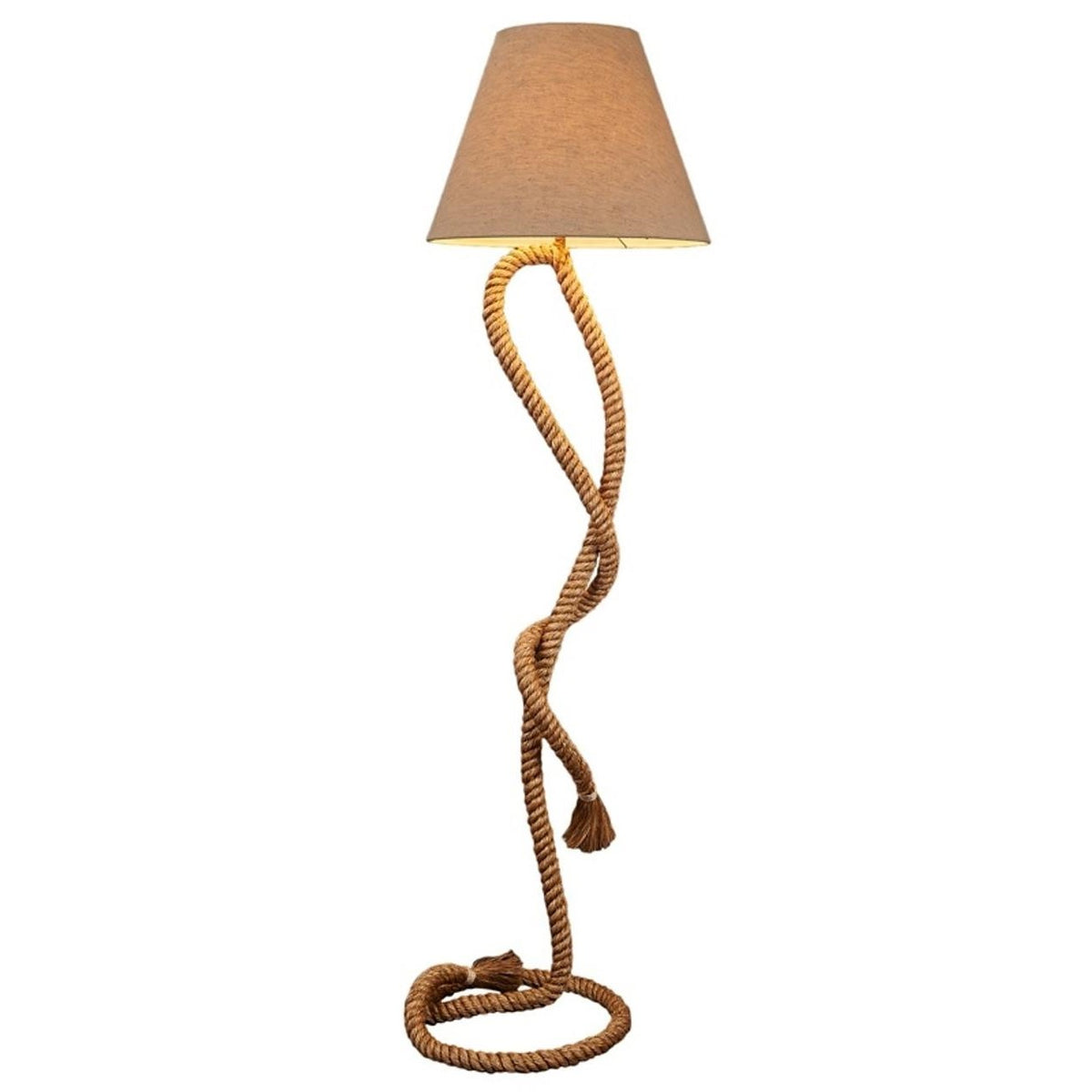 Rope floor lamp with a beige shade, forming a twisted, artistic shape.