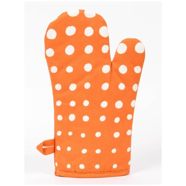 Orange mitt with white polka dots on a white background.